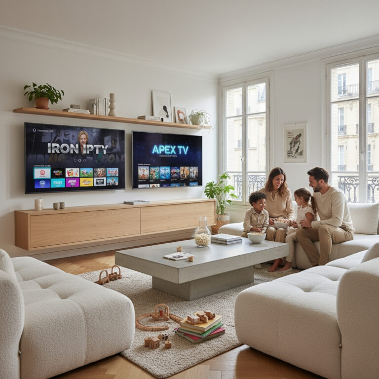 Comparaison entre Iron IPTV et ApexTV sur des Smart TV dans un salon français