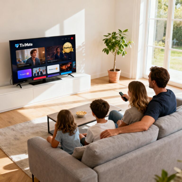 Famille française utilisant TiviMate premium sur smart TV dans un salon moderne