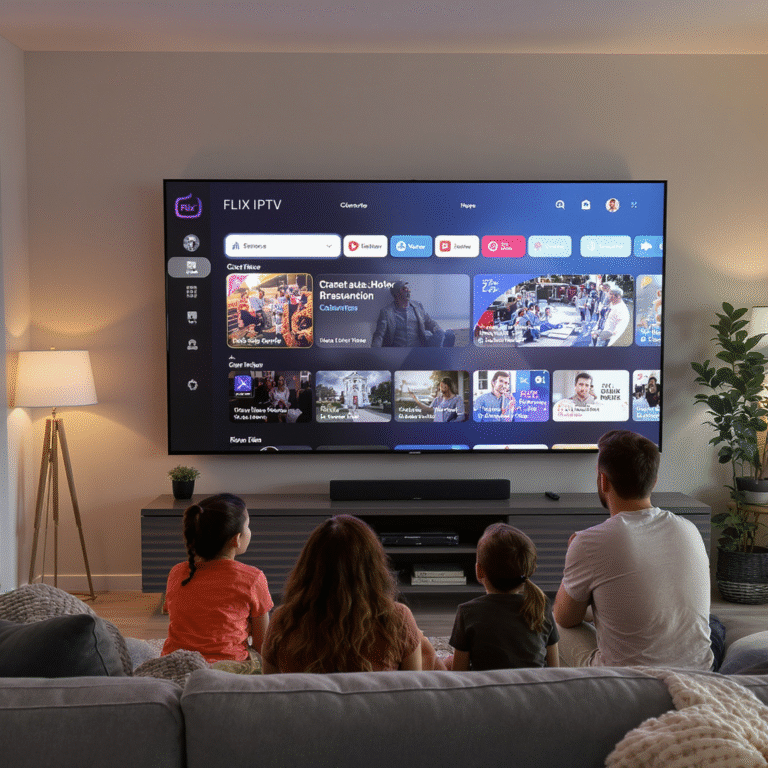 famille française utilisant Flix IPTV sur smart TV dans un salon moderne