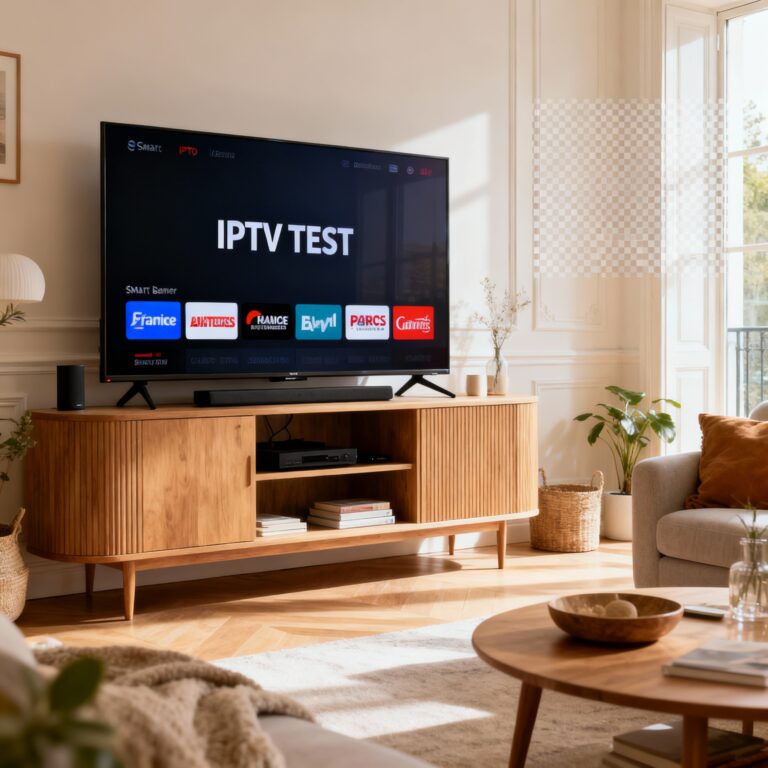 Salon en France avec Smart TV affichant un test IPTV gratuit