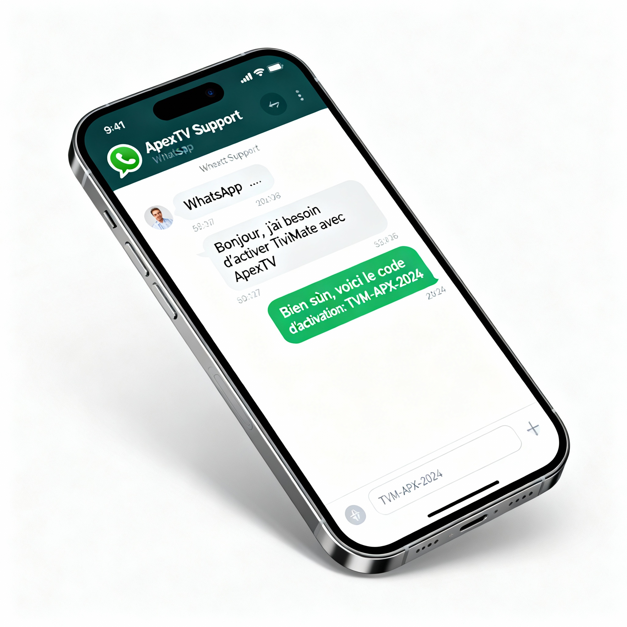 Téléphone avec conversation WhatsApp ApexTV pour activation TiviMate