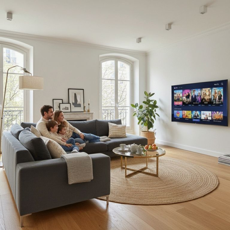 Famille française regardant un service IPTV OTT sur une smart TV dans un salon moderne