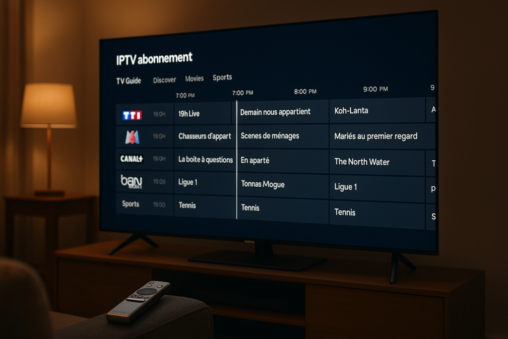 iptv abonnement​ — Interface d'un iptv abonnement affichant la grille EPG avec chaînes françaises sur Smart TV en soirée