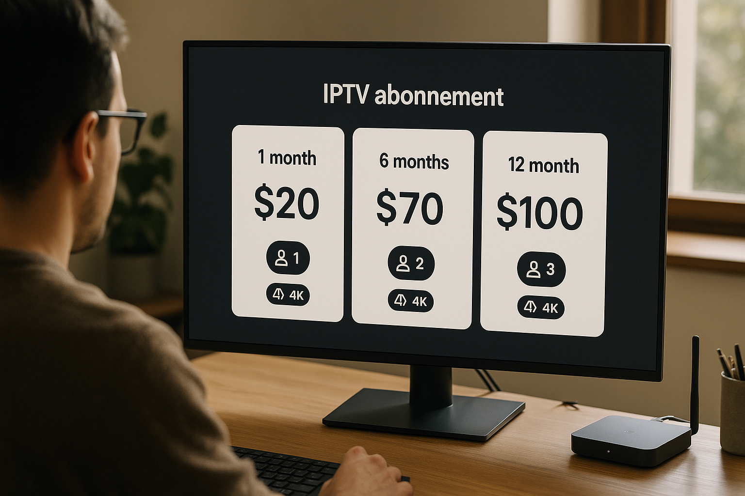 iptv abonnement​ — Comparatif de plans tarifaires d'un iptv abonnement sur écran Android TV avec options 4K et multi-connexio