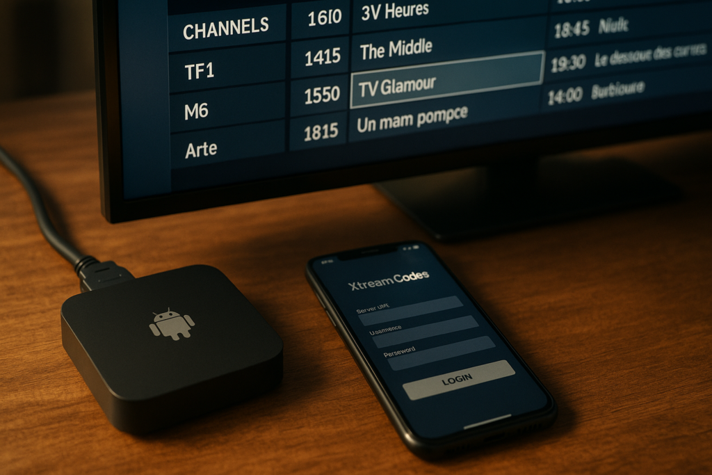 Décodeur iptv avec code connecté à un téléviseur affichant une grille de chaînes françaises via IPTV