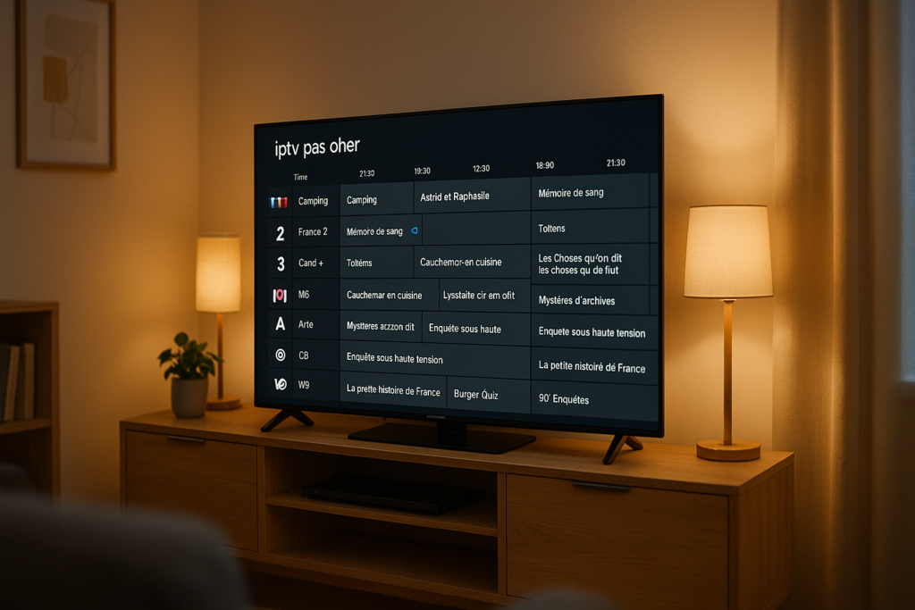 iptv pas cher​ — Grille de chaînes iptv pas cher affichée sur Smart TV Samsung dans un salon moderne