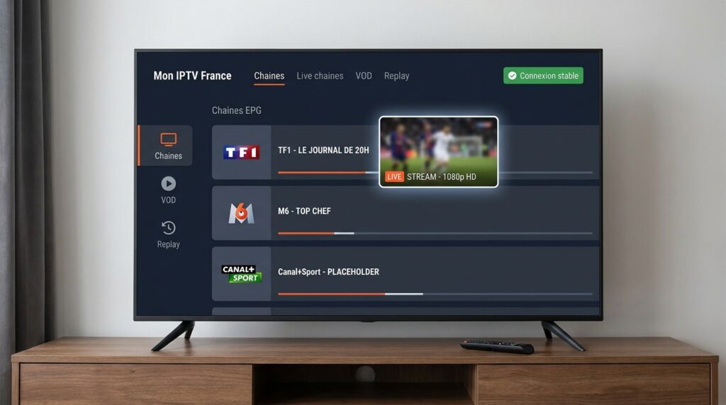 Interface du tableau de bord d'un abonnement iptv france​ affichant la grille EPG et le statut de connexion en temps réel