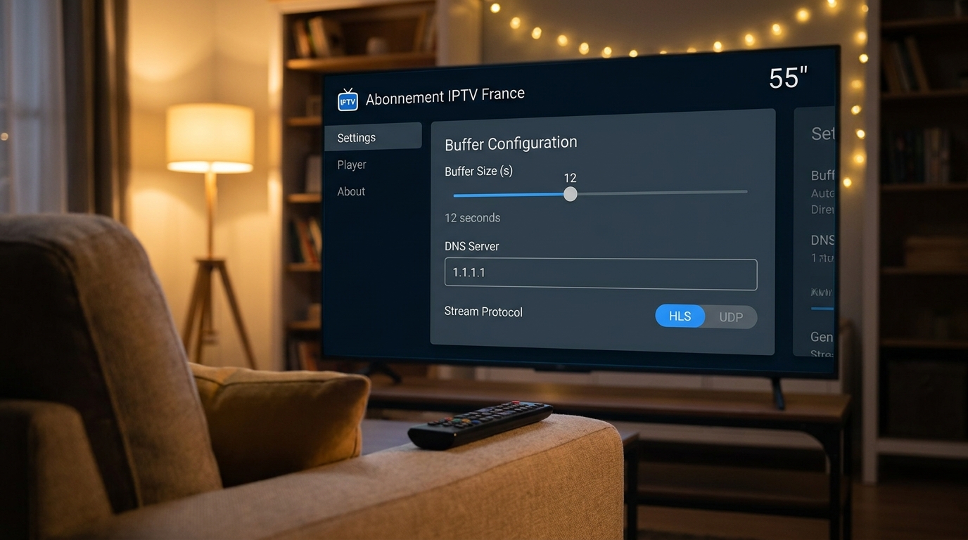 Écran de configuration du tampon et DNS pour un abonnement iptv france​ sur boîtier Android TV connecté à un téléviseur