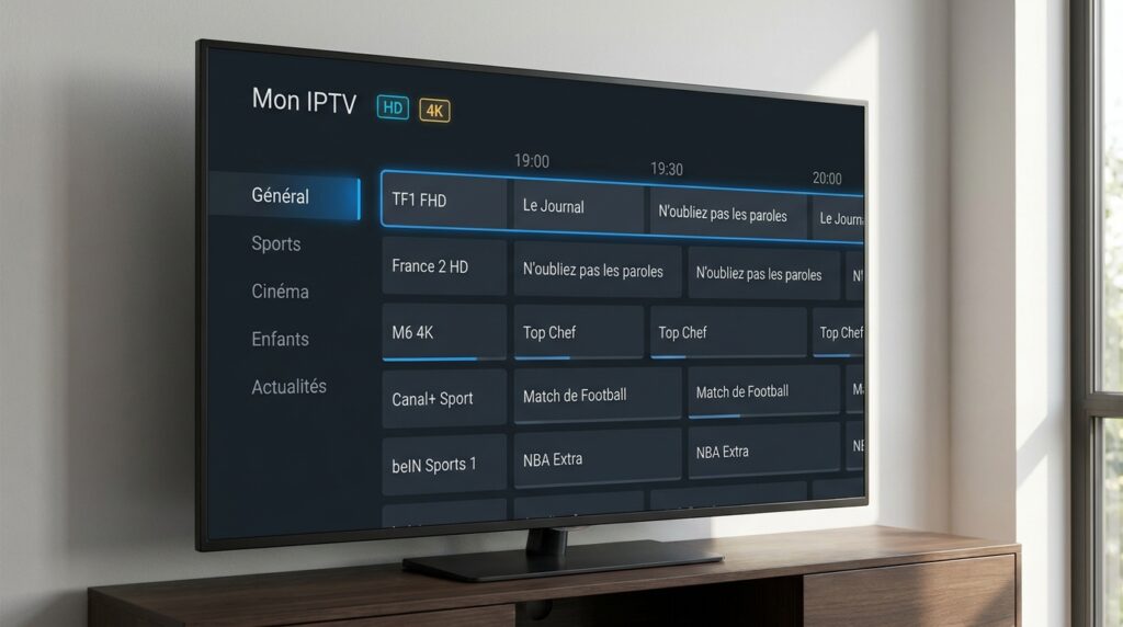 meilleur appli iptv​ — Interface du meilleur appli iptv TiviMate avec grille EPG de chaînes françaises sur écran Android TV