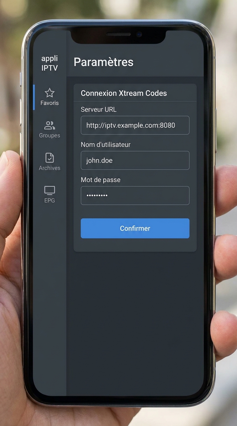 meilleur appli iptv​ — Écran de configuration du meilleur appli iptv avec codes Xtream sur smartphone en mode sombre