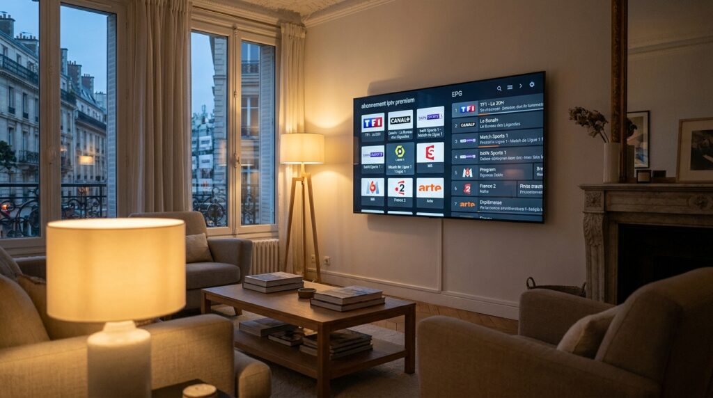 Interface d'un abonnement iptv premium affichée sur un grand téléviseur mural dans un salon moderne au crépuscule