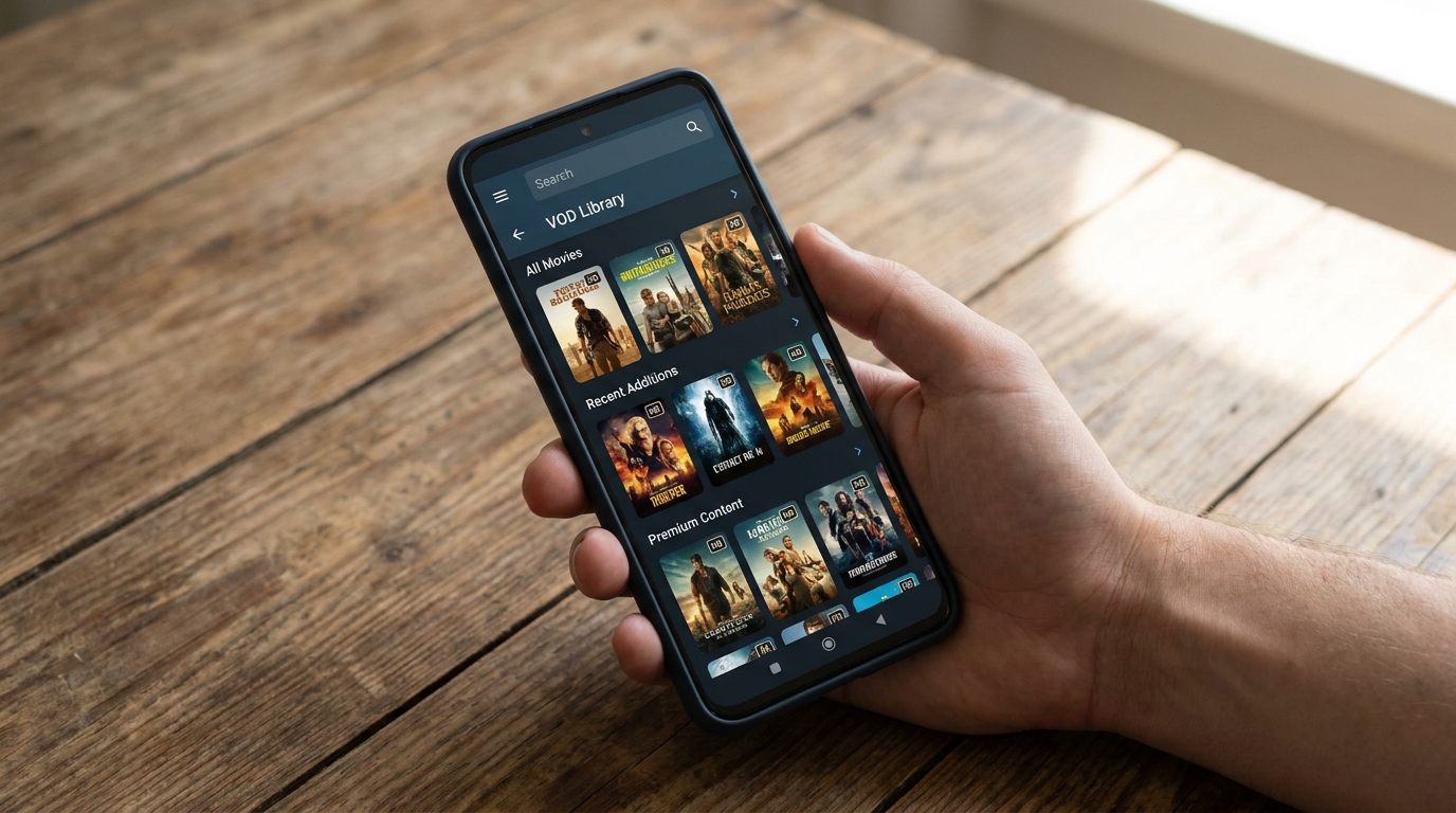 Écran d'application abonnement iptv premium sur smartphone Android montrant une bibliothèque VOD avec filtres HD et 4K