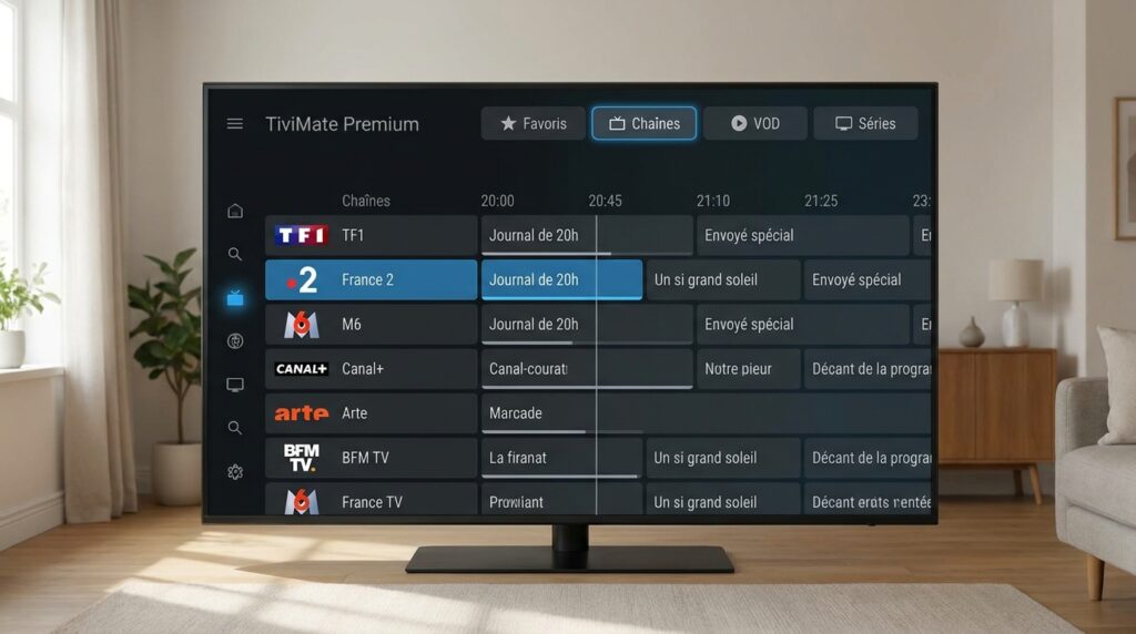meilleure application iptv​ — Interface EPG en grille de la meilleure application iptv TiviMate Premium sur Android TV avec c