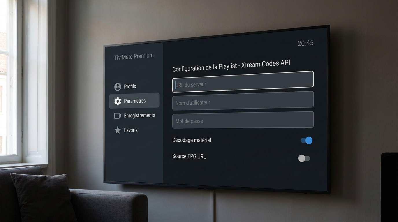 meilleure application iptv​ — Écran de configuration Xtream Codes de la meilleure application iptv TiviMate montrant les para